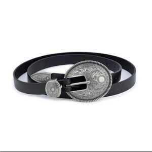 VERA PELLE Western 1.5” Black Leather Round Engraved‎ Silver Buckle Belt MED 35”
